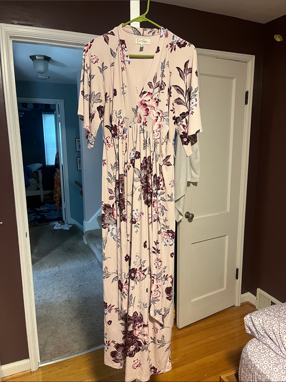Jessica Simpson Blush Floral Maxi Dress with Burgundy & Blue Accents